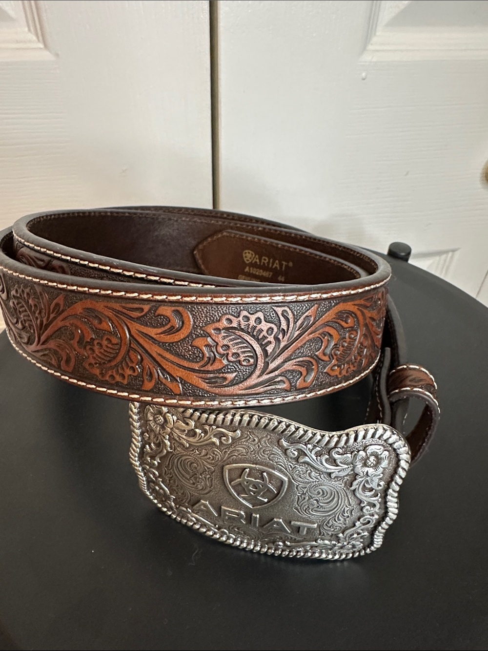 Ariat Brown Tooled Leather Belt with Ornate Silver-Tone Buckle